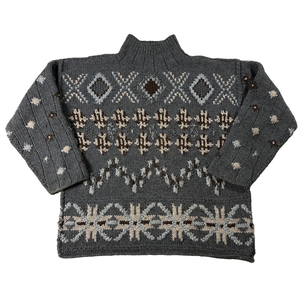 VTG Limited Hand Knit Chunky Wool Mock Neck Sweater Grey Womens M Scandi Style